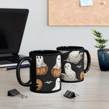 DistinctInk Black Coffee Mug - Skeletal Ghostly Pumpkin Patch for Halloween