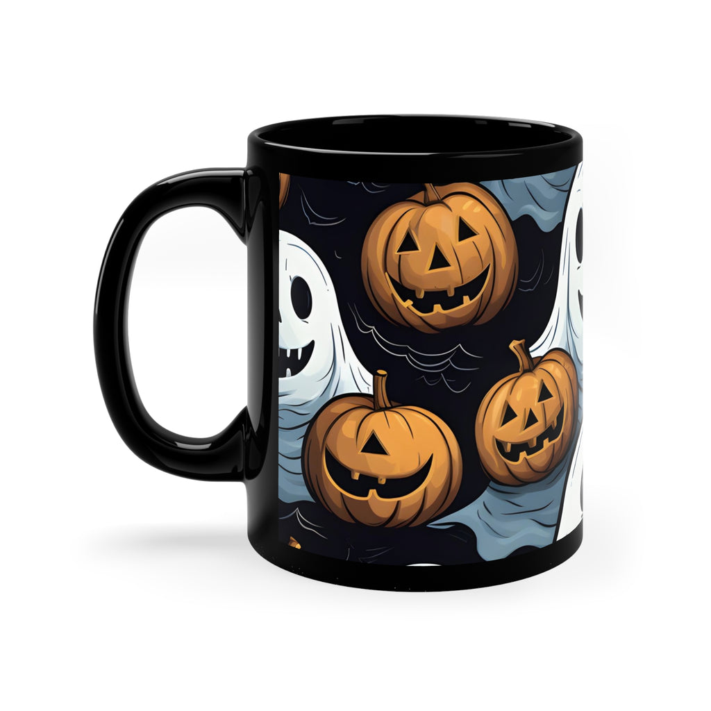 Black Coffee Mug - Ghoulish Ghostbusters and Pumpkins for Halloween, view 2