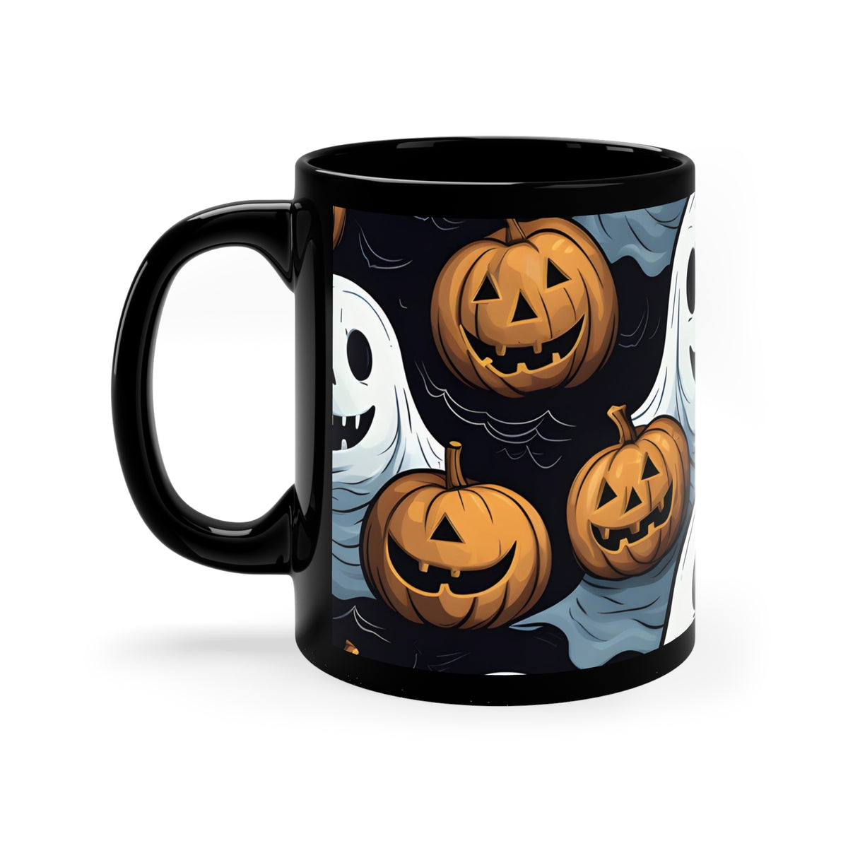 Black Coffee Mug - Ghoulish Ghostbusters and Pumpkins for Halloween, view 2