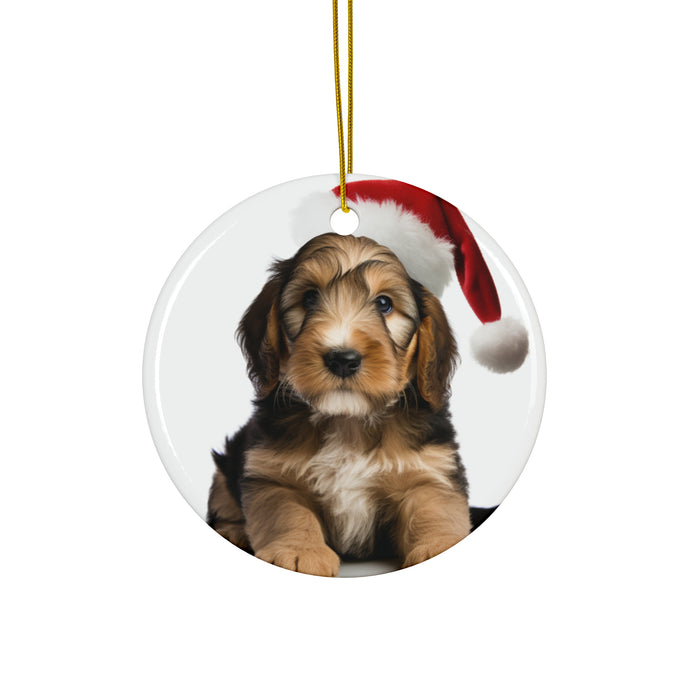 DistinctInk Hanging Ceramic Christmas Tree Ornament with Gold String - Great Gift/Present - 2 3/4 inch Diameter - Otterhound Puppy Design