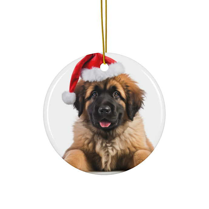DistinctInk Hanging Ceramic Christmas Tree Ornament with Gold String - Great Gift/Present - 2 3/4 inch Diameter - Leonberger Puppy Design