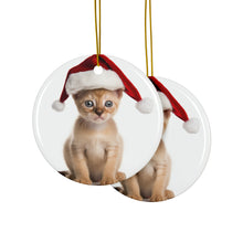 DistinctInk Hanging Ceramic Christmas Tree Ornament with Gold String - Great Gift/Present - 2 3/4 inch Diameter - Oriental Kitten Design