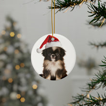 DistinctInk Hanging Ceramic Christmas Tree Ornament with Gold String - Great Gift/Present - 2 3/4 inch Diameter - Japanese Chin Puppy Design