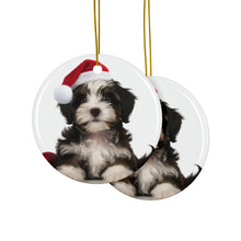 DistinctInk Hanging Ceramic Christmas Tree Ornament with Gold String - Great Gift/Present - 2 3/4 inch Diameter - Havanese Puppy Design