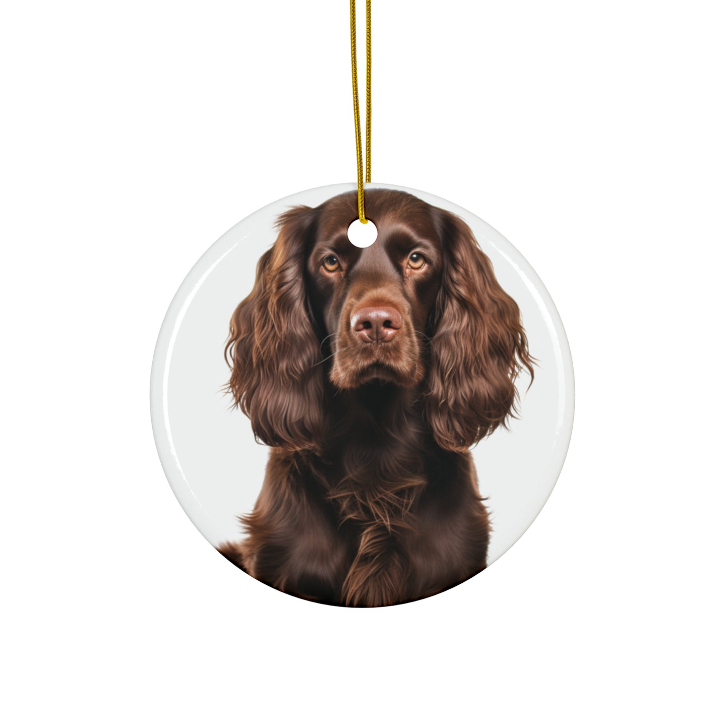 DistinctInk Hanging Ceramic Christmas Tree Ornament with Gold String - Great Gift/Present - 2 3/4 inch Diameter - Boykin Spaniel Design