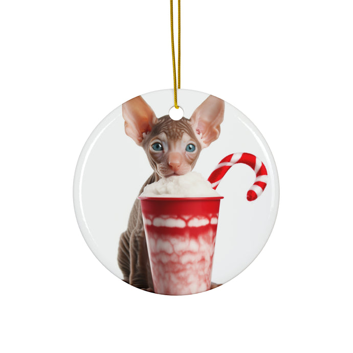 DistinctInk Hanging Ceramic Christmas Tree Ornament with Gold String - Great Gift/Present - 2 3/4 inch Diameter - Cornish Rex Kitten Design