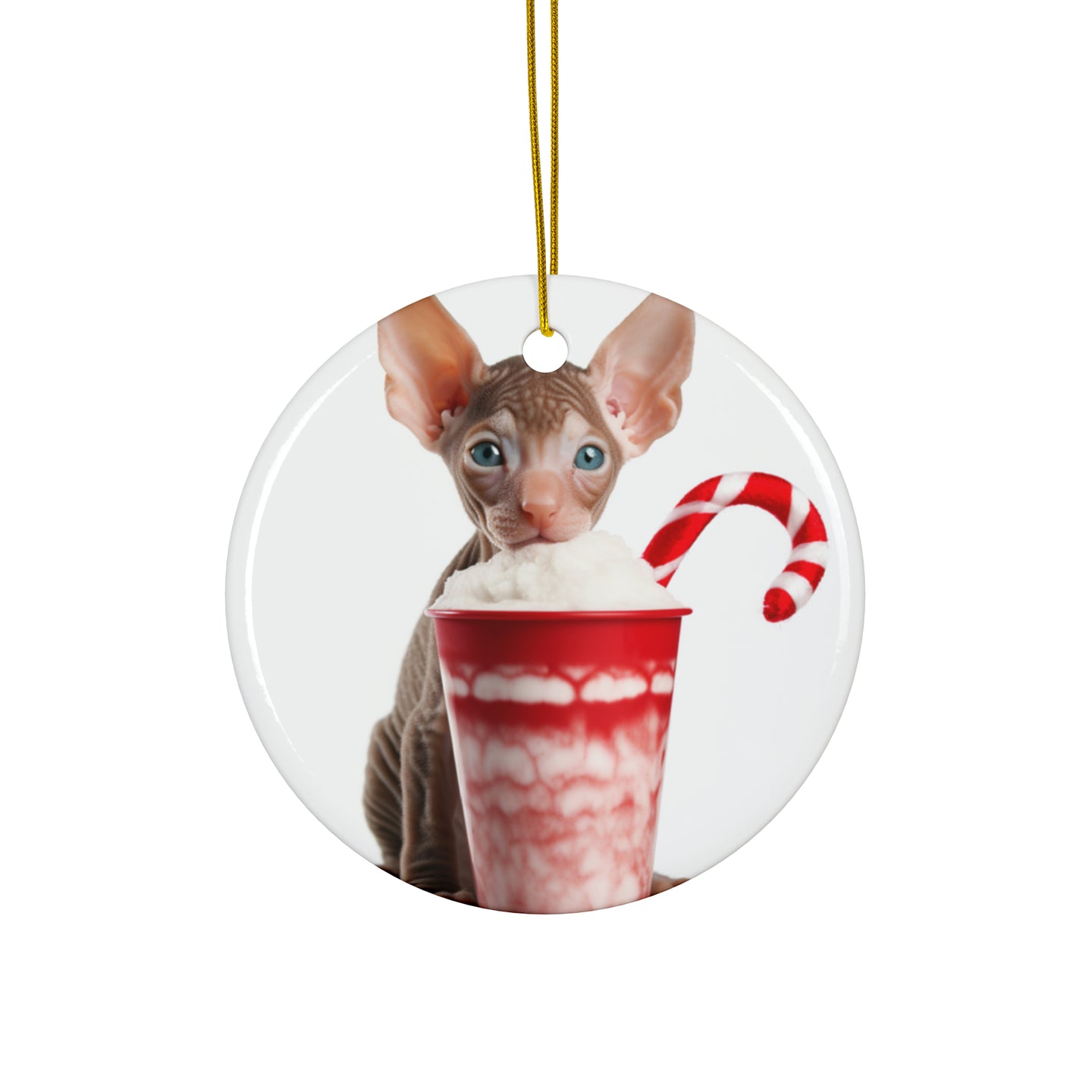 DistinctInk Hanging Ceramic Christmas Tree Ornament with Gold String - Great Gift/Present - 2 3/4 inch Diameter - Cornish Rex Kitten Design