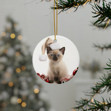 DistinctInk Hanging Ceramic Christmas Tree Ornament with Gold String - Great Gift/Present - 2 3/4 inch Diameter - Tonkinese Kitten Design