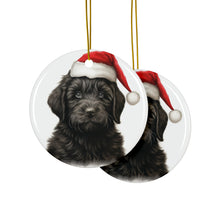 DistinctInk Hanging Ceramic Christmas Tree Ornament with Gold String - Great Gift/Present - 2 3/4 inch Diameter - Black Russian Terrier Puppy Drawing Design