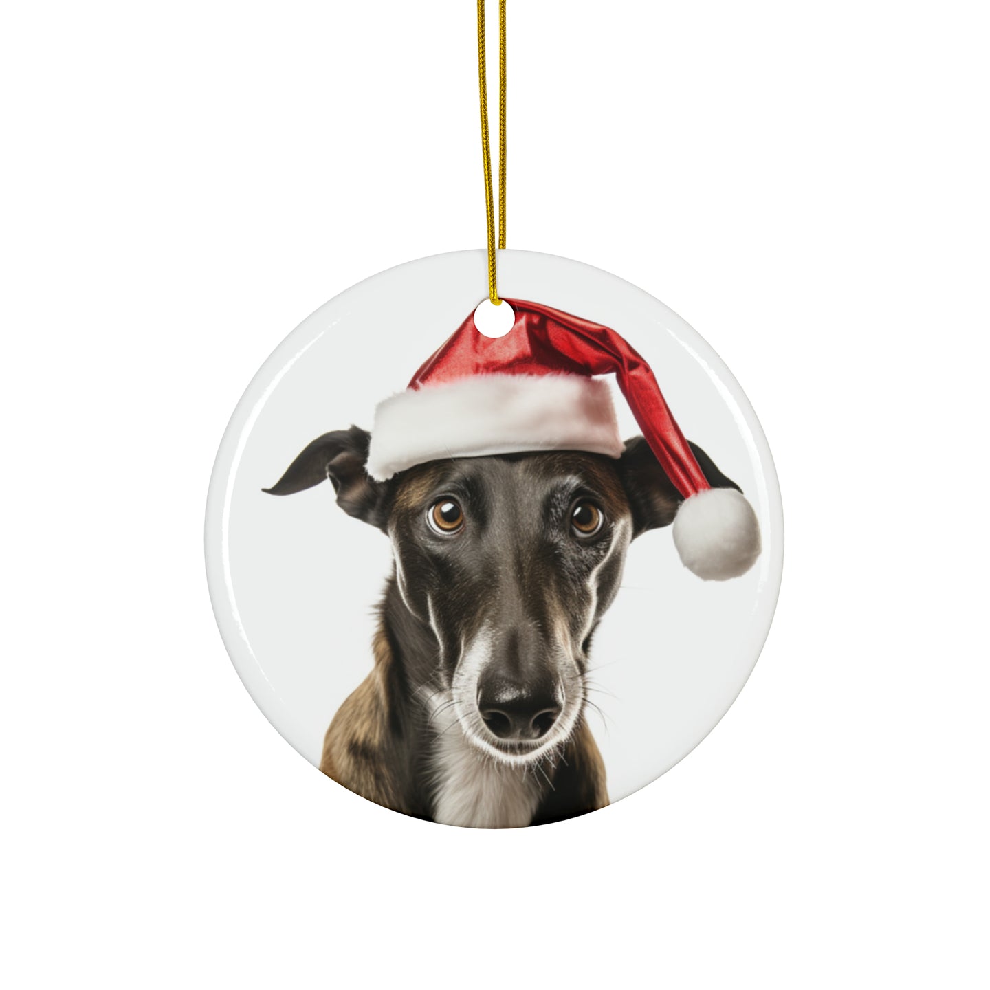 DistinctInk Hanging Ceramic Christmas Tree Ornament with Gold String - Great Gift/Present - 2 3/4 inch Diameter - Greyhound Design