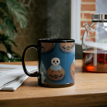 DistinctInk Black Coffee Mug - Ghost Skeleton Pumpkin Pattern for Halloween