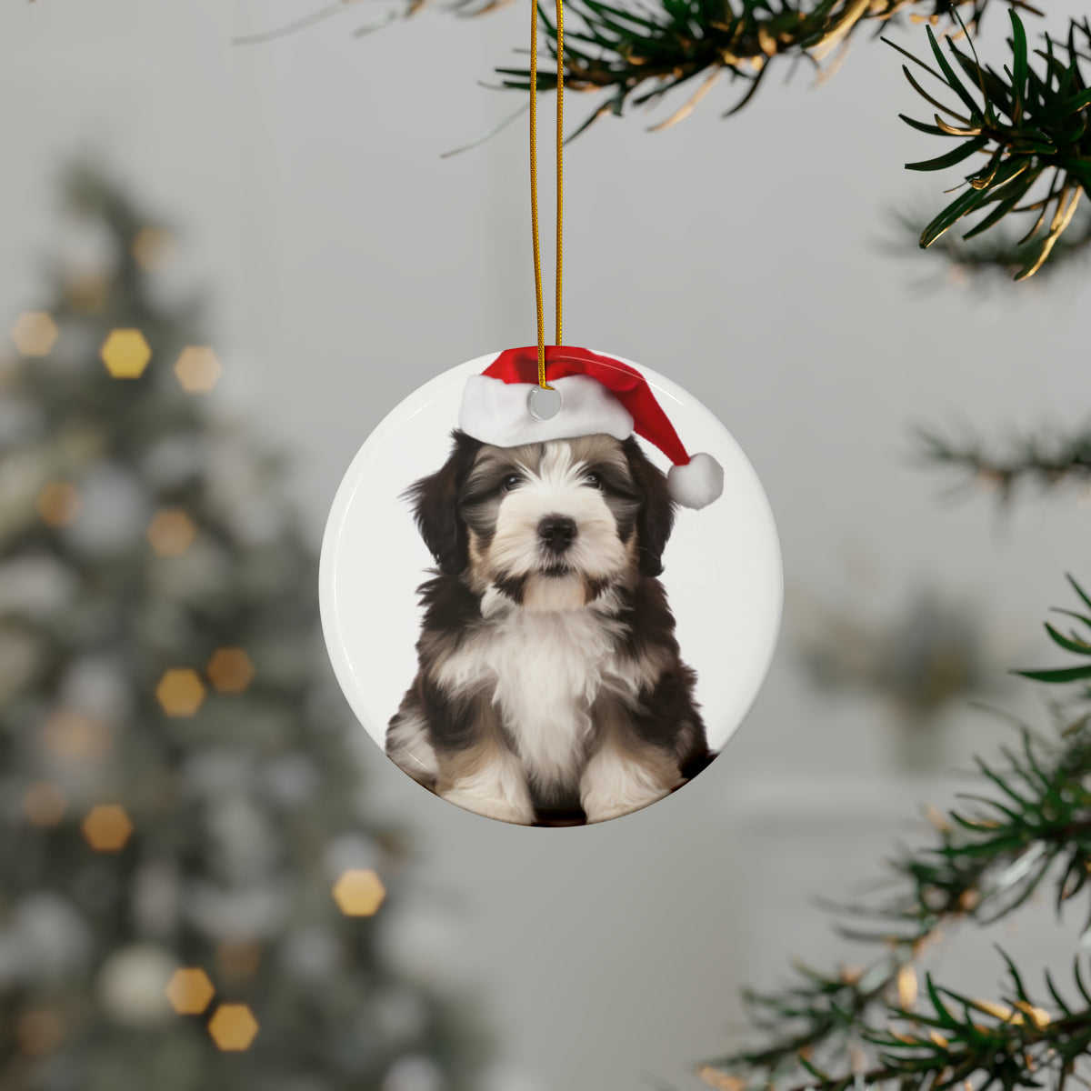 Hanging Ceramic Christmas Tree Ornament with Gold String - Polish Lowland Sheepdog Puppy Design, view 3