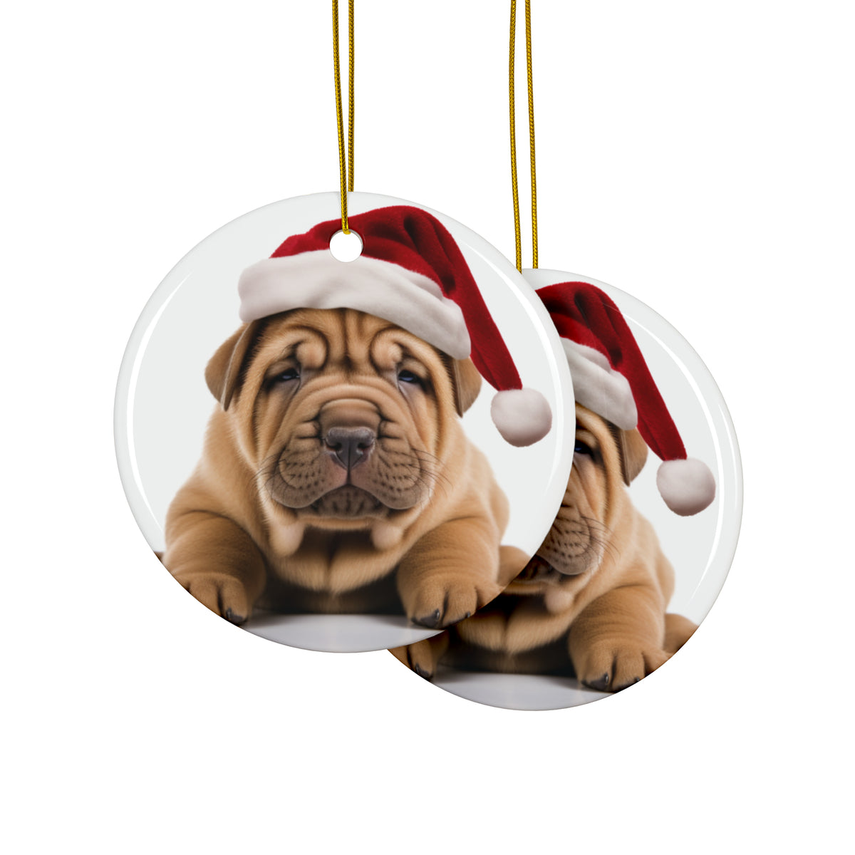 Hanging Ceramic Christmas Tree Ornament with Gold String - Chinese Shar-Pei Puppy Design, view 2