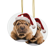 DistinctInk Hanging Ceramic Christmas Tree Ornament with Gold String - Great Gift/Present - 2 3/4 inch Diameter - Chinese Shar-Pei Puppy Design