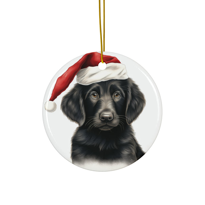 DistinctInk Hanging Ceramic Christmas Tree Ornament with Gold String - Great Gift/Present - 2 3/4 inch Diameter - Flat-Coated Retriever Puppy Drawing Design