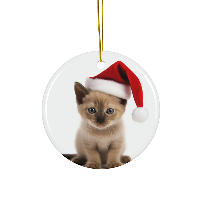 DistinctInk Hanging Ceramic Christmas Tree Ornament with Gold String - Great Gift/Present - 2 3/4 inch Diameter - Burmese Kitten Design