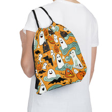 DistinctInk Drawstring Bag Backpack with Flying Pumpkin Bats Design for Halloween
