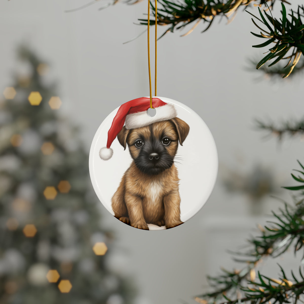 Hanging Ceramic Christmas Tree Ornament with Gold String - Border Terrier Puppy Drawing Design, view 3