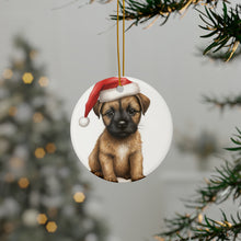 DistinctInk Hanging Ceramic Christmas Tree Ornament with Gold String - Great Gift/Present - 2 3/4 inch Diameter - Border Terrier Puppy Drawing Design