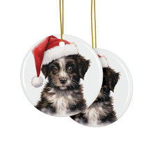 DistinctInk Hanging Ceramic Christmas Tree Ornament with Gold String - Great Gift/Present - 2 3/4 inch Diameter - Mudi Puppy Drawing Design