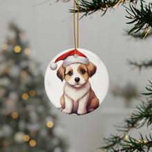 DistinctInk Hanging Ceramic Christmas Tree Ornament with Gold String - Great Gift/Present - 2 3/4 inch Diameter - Komondorok Puppy Design