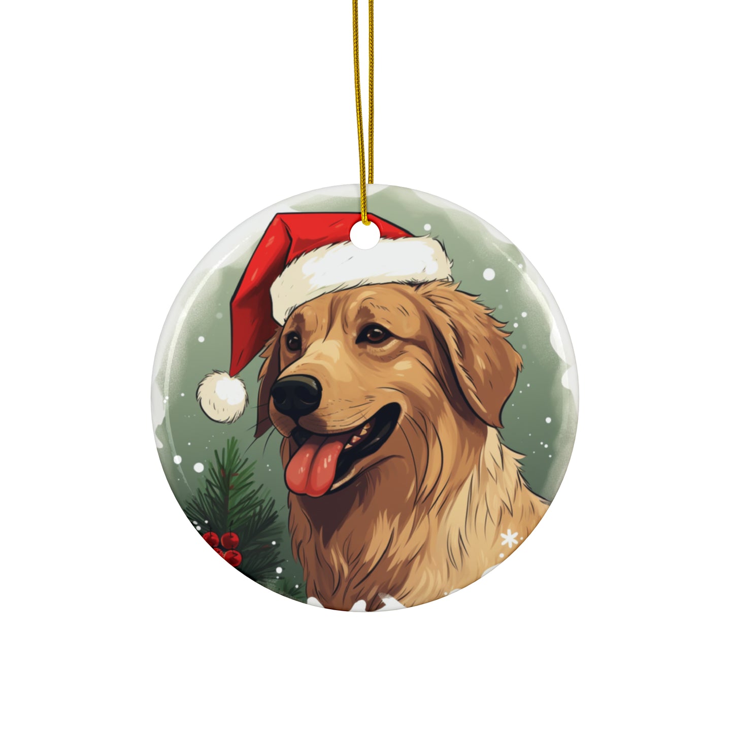 DistinctInk Hanging Ceramic Christmas Tree Ornament with Gold String - Great Gift/Present - 2 3/4 inch Diameter - Chinook Design