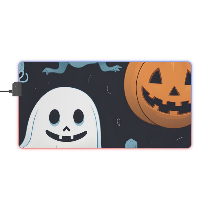 DistinctInk LED Gaming Mouse Pad with Ghastly Skeleton Pumpkin Patch Design for Halloween