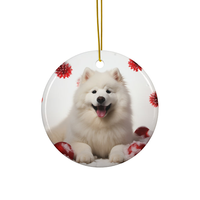 DistinctInk Hanging Ceramic Christmas Tree Ornament with Gold String - Great Gift/Present - 2 3/4 inch Diameter - Samoyed Design