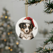 DistinctInk Hanging Ceramic Christmas Tree Ornament with Gold String - Great Gift/Present - 2 3/4 inch Diameter - Collie Puppy Drawing Design