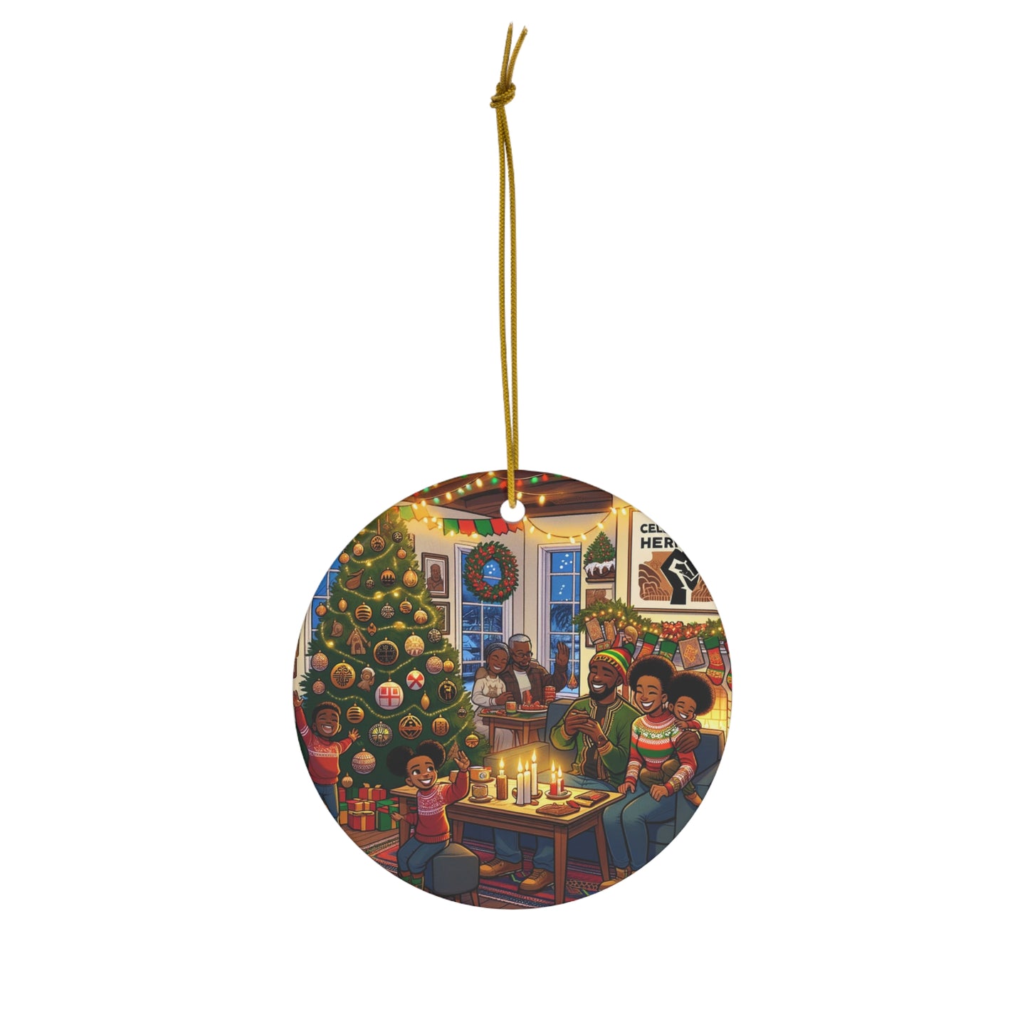 DistinctInk Hanging Ceramic Christmas Tree Ornament Charm with Gold String - Great Gift/Present - 2 3/4 inch Diameter - Celebrating Heritage at Christmas