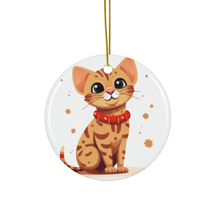 DistinctInk Hanging Ceramic Christmas Tree Ornament with Gold String - Great Gift/Present - 2 3/4 inch Diameter - Ocicat Cat Design