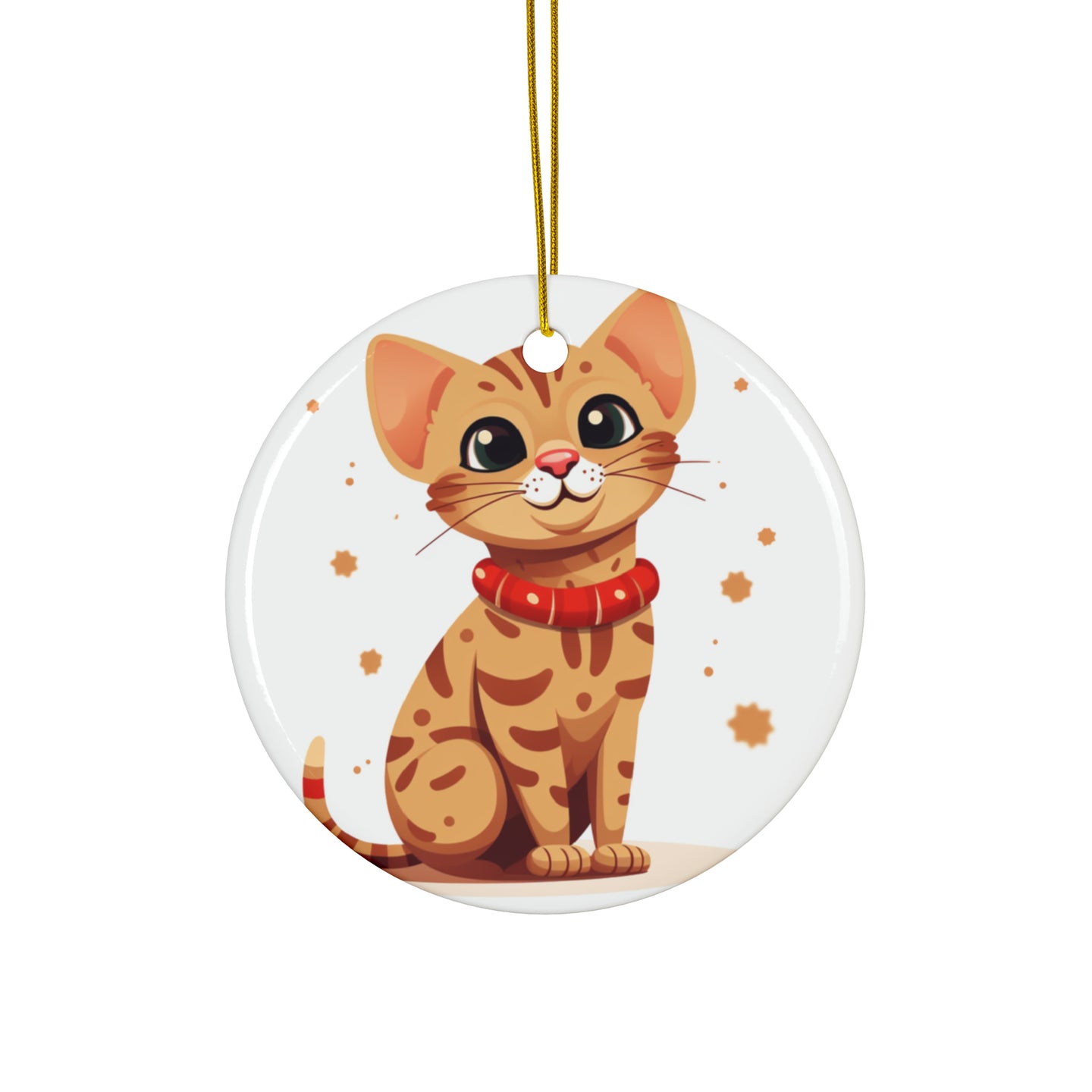 DistinctInk Hanging Ceramic Christmas Tree Ornament with Gold String - Great Gift/Present - 2 3/4 inch Diameter - Ocicat Cat Design