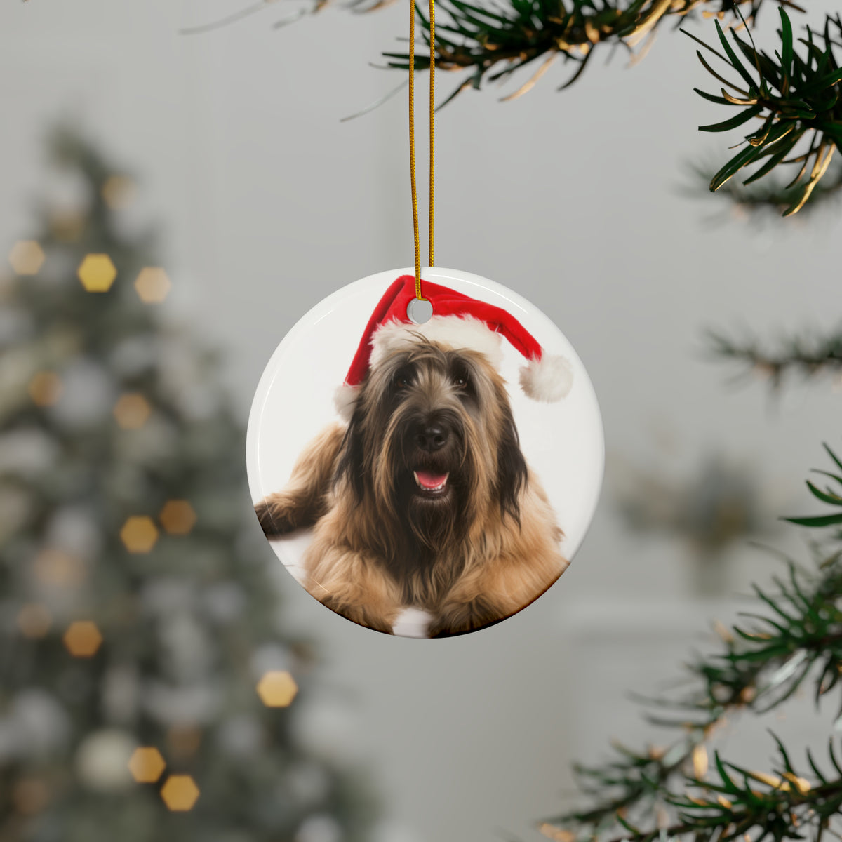 Hanging Ceramic Christmas Tree Ornament with Gold String - Briard Design, view 3