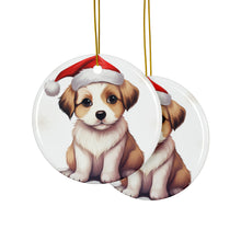 DistinctInk Hanging Ceramic Christmas Tree Ornament with Gold String - Great Gift/Present - 2 3/4 inch Diameter - Komondorok Puppy Design