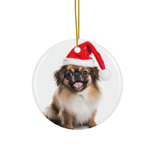 DistinctInk Hanging Ceramic Christmas Tree Ornament with Gold String - Great Gift/Present - 2 3/4 inch Diameter - Tibetan Spaniel Design
