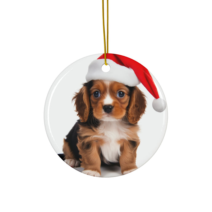 DistinctInk Hanging Ceramic Christmas Tree Ornament with Gold String - Great Gift/Present - 2 3/4 inch Diameter - Cavalier King Charle Spaniel Puppy Design