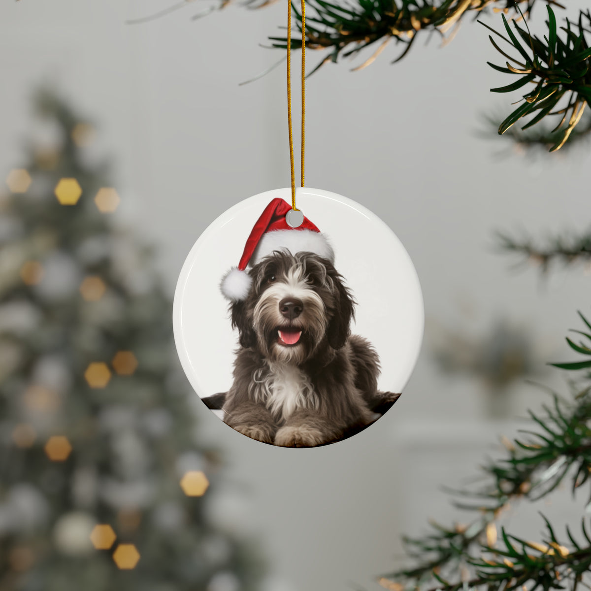 Hanging Ceramic Christmas Tree Ornament with Gold String - Bergamasco Sheepdog Puppy Design, view 3