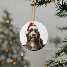 DistinctInk Hanging Ceramic Christmas Tree Ornament with Gold String - Great Gift/Present - 2 3/4 inch Diameter - Bergamasco Sheepdog Puppy Design