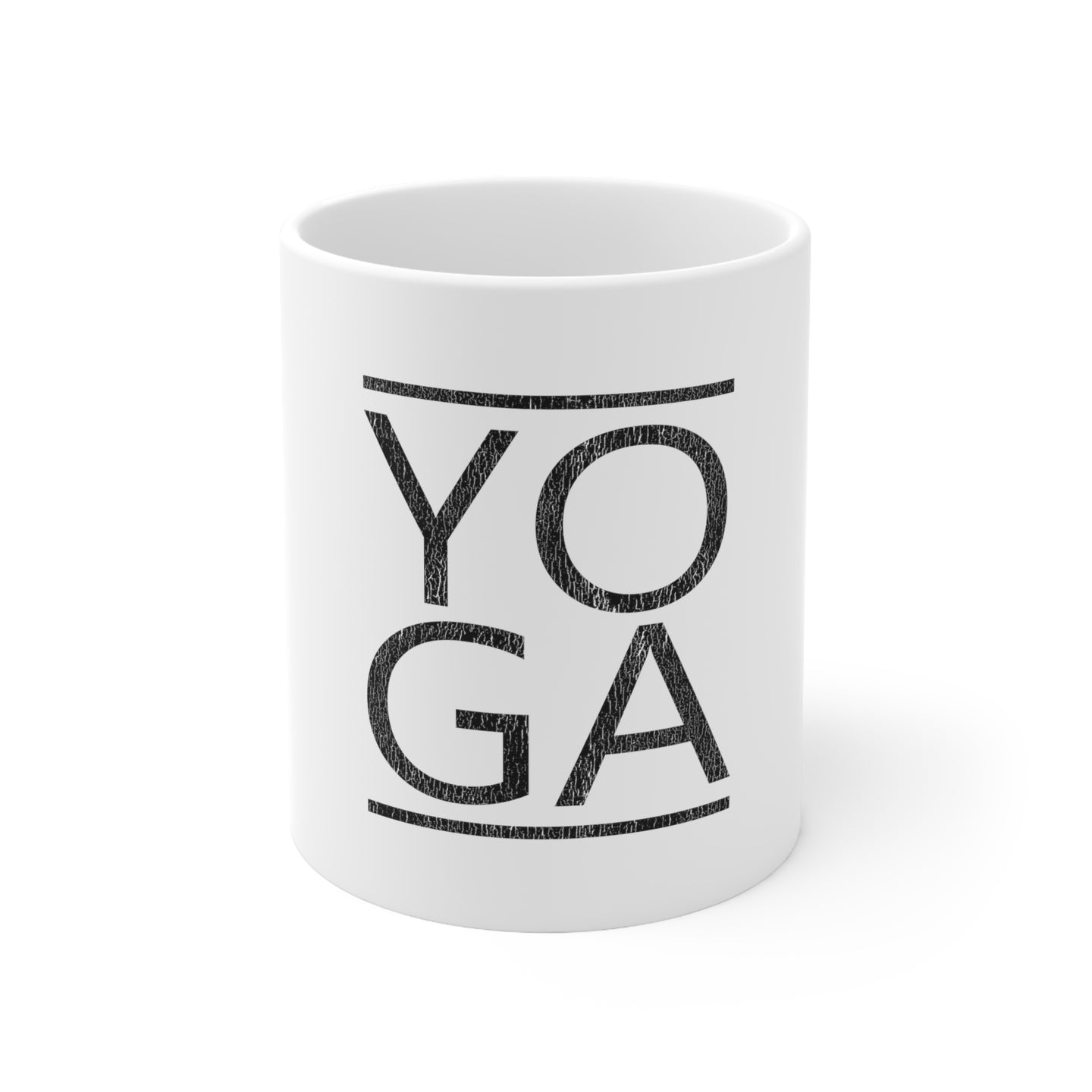 DistinctInk Glossy White Coffee / Tea Mug - Yoga Black Word Art