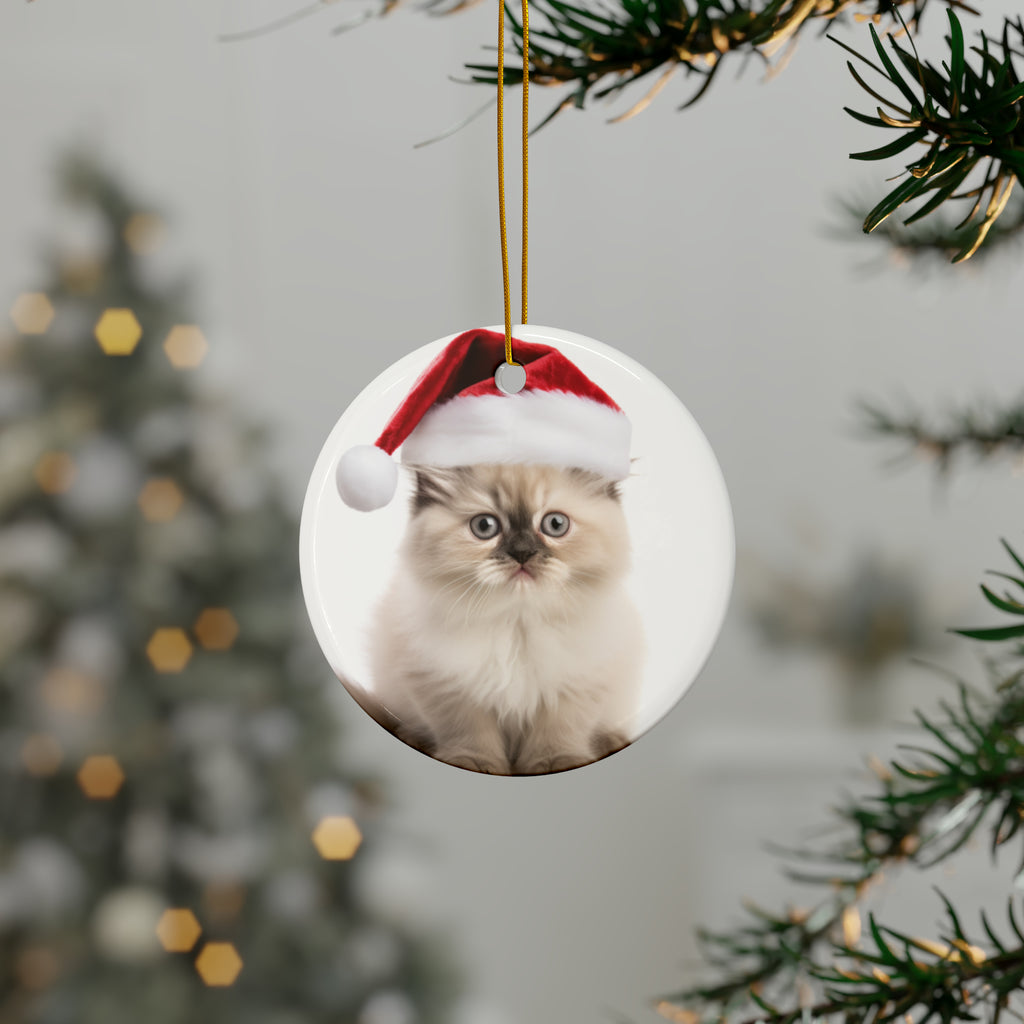 Hanging Ceramic Christmas Tree Ornament with Gold String - Himalayan Kitten Design, view 3
