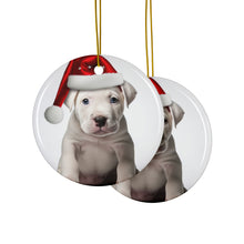 DistinctInk Hanging Ceramic Christmas Tree Ornament with Gold String - Great Gift/Present - 2 3/4 inch Diameter - Dogo Argentino Puppy Design