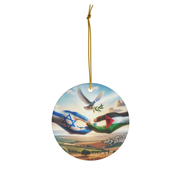 DistinctInk Hanging Ceramic Christmas Tree Ornament Charm with Gold String - Great Gift/Present - 2 3/4 inch Diameter - Hands of Peace