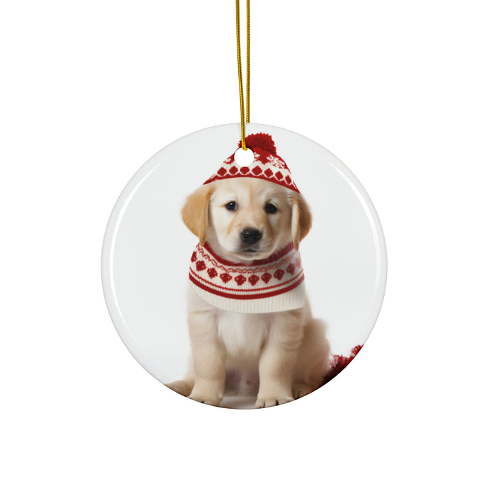 DistinctInk Hanging Ceramic Christmas Tree Ornament with Gold String - Great Gift/Present - 2 3/4 inch Diameter - Kuvaszok Puppy Design