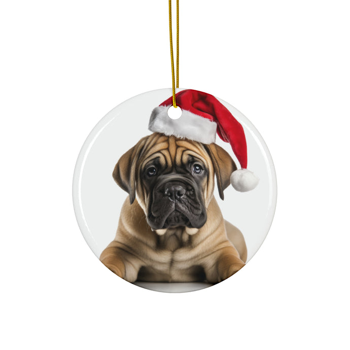 DistinctInk Hanging Ceramic Christmas Tree Ornament with Gold String - Great Gift/Present - 2 3/4 inch Diameter - Boerboel Puppy Design