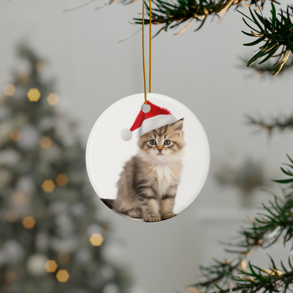 Hanging Ceramic Christmas Tree Ornament with Gold String - American Bobtail Kitten Design, view 3