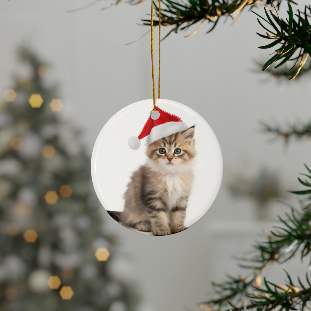 Hanging Ceramic Christmas Tree Ornament with Gold String - American Bobtail Kitten Design, view 3