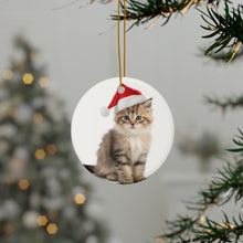 DistinctInk Hanging Ceramic Christmas Tree Ornament with Gold String - Great Gift/Present - 2 3/4 inch Diameter - American Bobtail Kitten Design
