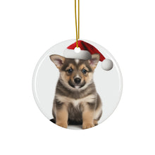 DistinctInk Hanging Ceramic Christmas Tree Ornament with Gold String - Great Gift/Present - 2 3/4 inch Diameter - Swedish Vallhund Puppy Design