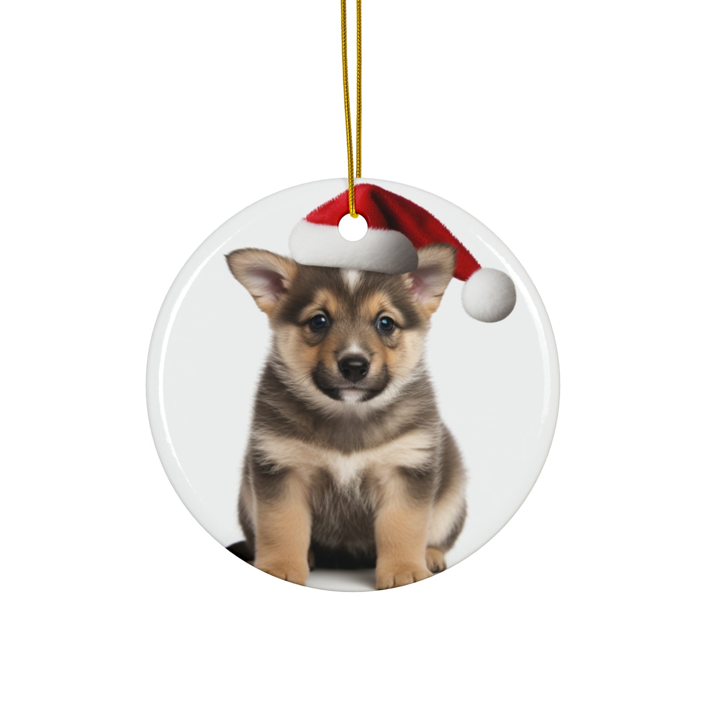 DistinctInk Hanging Ceramic Christmas Tree Ornament with Gold String - Great Gift/Present - 2 3/4 inch Diameter - Swedish Vallhund Puppy Design