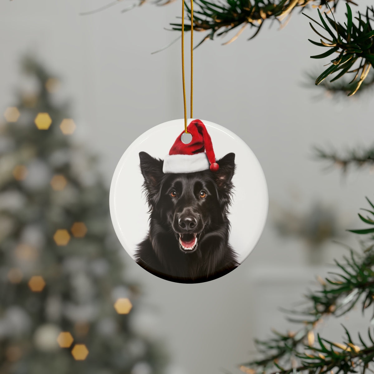 Hanging Ceramic Christmas Tree Ornament with Gold String - Belgian Sheepdog Design, view 3